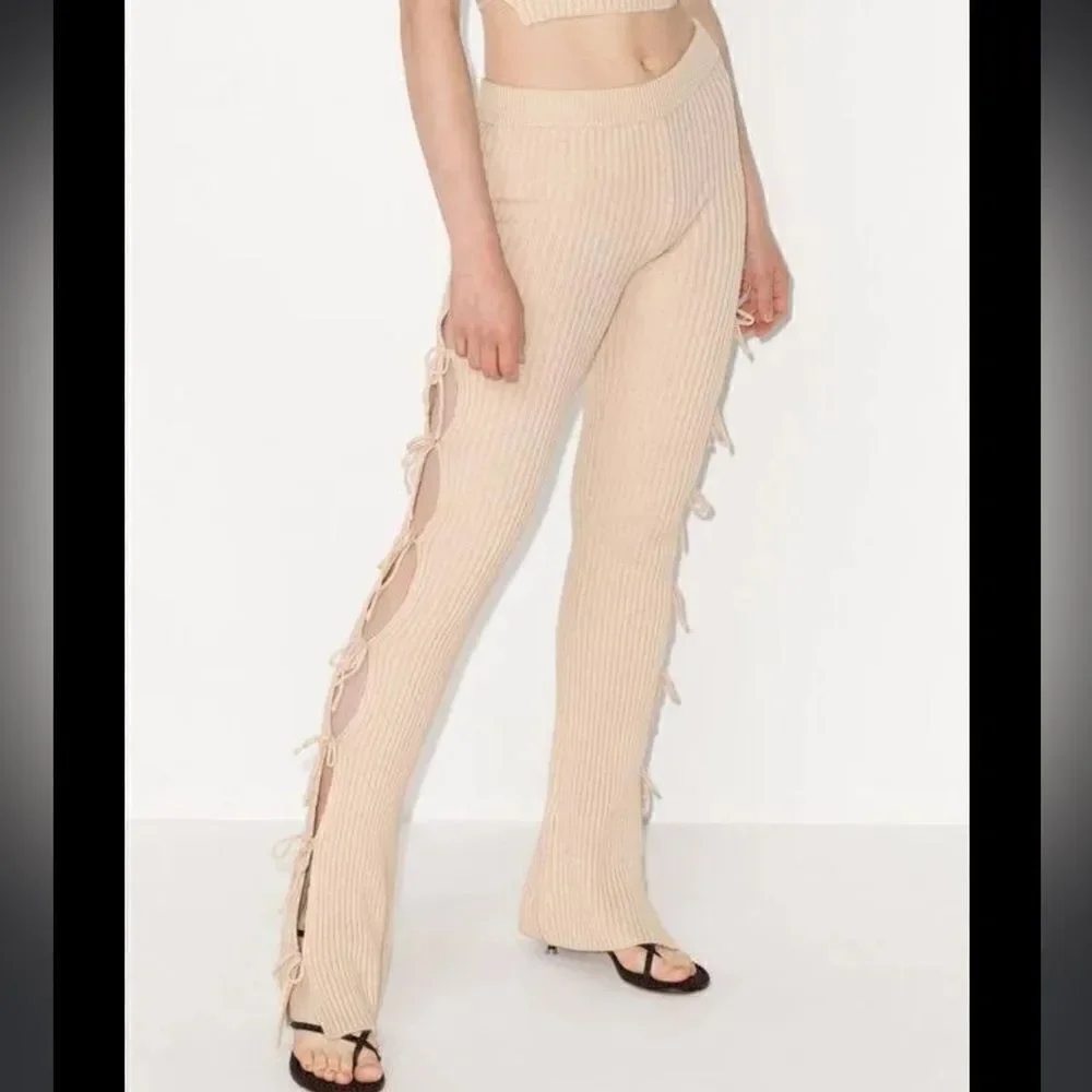 GUIZIO Rib Knit Tie Pant in Light Oat Small Revolve Cashmere